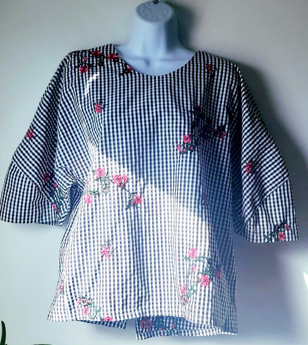 Lipslide Womens Checked Floral 3/4 Sleeve Pullover Blouse Size S Cottage Preppy